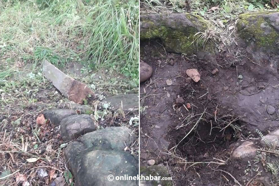 ठोरीस्थित सीता गुफा नजिकको सीमा स्तम्भ उखेलेर फालियो